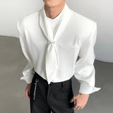 WIAOFELLAS  -  Men Shirt Solid Color Stand Collar Long Sleeve Men Clothing With Tie Streetwear Loose 2026 Fashion Casual Men Clothing