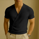 WIAOFELLAS  -  Men T Shirt Solid V Neck Short Sleeve Lace Up Knitted Male Tee Tops Summer Streetwear 2025 Fashion Casual Men Clothing
