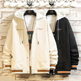 WIAOFELLAS  -  College Style Baseball Jacket Color Clash Hooded Jackets Embroidered Letters Design Men Outwear Loose Fit Sportswear