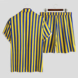 Wiaofellas  -  Fashion Stripe Print Beach Two Piece Set  Men Short Sleeve Lapel Shirts And Shorts Casual Suits Summer Hawaiian Outfits Male