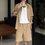 WIAOFELLAS  -  Men Sets Solid Color Lapel Short Sleeve Shirt & Shorts Two Pieces Sets Streetwear Loose Casual Men's Suits