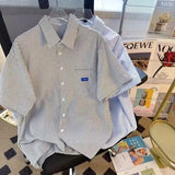 Wiaofellas  -  Loose Fit Men's Striped Shirt Short Sleeve Polo Neck Button Detail Daily Wear Summer Fashionable Versatile Polyester Shirt