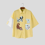 Wiaofellas  -  Men's Shirt Plaid Printing Patchwork Lapel Short Sleeve Men Clothes Streetwear Loose Fashion Casual Tops Man Shirts