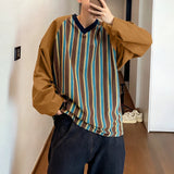 WIAOFELLAS  -  Men T Shirt Striped Patchwork V Neck Long Sleeve Male Tee Tops Korean Style Streetwear Loose Fashion Casual Men Clothing