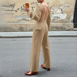 Wiaofellas  -  Men Jumpsuits Solid Color V Neck Long Sleeve Button Casual Male Rompers Streetwear Backless Hollow Out Fashion Overalls