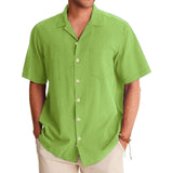 WIAOFELLAS  -  British Men'S Shirt New Summer Solid Color Casual Lapel Simple Breathable Top Comfortable Open-Collar Men'S Loose Beach Shirt