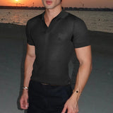 WIAOFELLAS  -  Men Shirt Hollow Out Lapel Short Sleeve Transparent Male Shirts Solid Streetwear Summer 2025 Fashion Casual Camisas