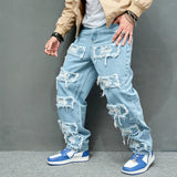 Wiaofellas  -  Autumn Stylish Men Ripped Patch Spliced Hip Hop Jeans Streetwear Loose Male Straight Denim Pants Trousers