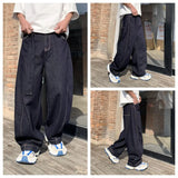 WIAOFELLAS  -  Latest Style Dark Blue Belted Jeans Men Loosen Fit Pure Color Denim Pants Male's Bagyy Trousers