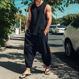 Wiaofellas  -  Vintage Solid Color Two Piece Mens Outfits Casual Loose Sleeveless Vest and Pants Men Sets Summer Daily Leisure Beach Suits