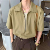 WIAOFELLAS  -  Men's Shirt Lapel Short Sleeve Solid Casual Men Clothing Loose Korean Style Streetwear Shirts Fashion Male Tops S-5XL