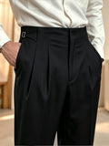 Wiaofellas  -  Autumn Winter Men Beige Solid Neapolitan Pleated High Waist Wide Leg Suit Trousers, Button Detail Light Business Pants for Commu