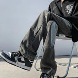 WIAOFELLAS  -  Patchwork Jeans Men Vertical Panelled Streetwear American Style Oversize Straight Spring Autumn Handsome Mopping Trousers Cozy