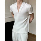 Wiaofellas  -  Korean Fashion V-neck T-shirt for Men Summer Short Sleeve Casual T-shirts Solid Color Versatile Business Social T-shirts M-5XL