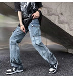 Wiaofellas  -  Men's Denim Flame Cross Jeans Loose Straight Leg Jeans