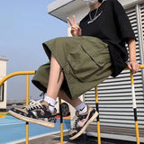 WIAOFELLAS  -  Khaki 7-point Men Summer Thin Japanese Workwear Wide-leg Loose Over-knee Shorts