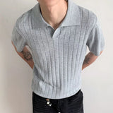 Wiaofellas  -  Summer Men V Neck Knitted Polo Shirt Retro Stripe Jacquard Solid Color Short Sleeve T-shirt Light Luxury Textured Knitwear M-3XL