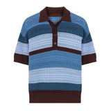 Wiaofellas  -  Men's Leisure Striped Hollow Out Polo Shirt Solid Color Texture Breathable Retro Streetwear Light Luxury Korean Popular Knitwear