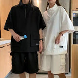 Wiaofellas  -  Harajuku Couples Summer Loose Cargo Sets Solid Color Tshirts Shorts Outdoor Casual Tracksuit Zipper Turtleneck Pockets T-shirt