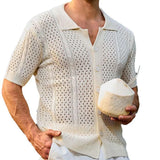 WIAOFELLAS  -  Summer Men's Retro Solid Color Short-Sleeved Shirt Knitted Hollow Fashion Casual Trend Loose Breathable Seaside Beach Men's Tops