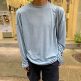 WIAOFELLAS  -  Fashionable Simple Long Sleeved T-shirt Solid Color Loose Sunscreen Tops Korean Slightly Transparent Thin Men's Bottom Tshirts