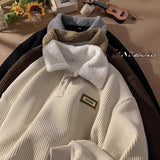 Wiaofellas  -  Lamb Velvet Collared Sweatirt Men's Autumn Winter Thiened Fce Loose Japanese Sle Retro Versatile Corduroy Top Coat