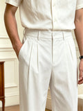 Wiaofellas  -  Spring Summer Solid Woven Italian Style Suit Pants, Men Loose Straight Leg Elegant Casual Formal Trousers for Daily Wear