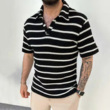 WIAOFELLAS  -  Men's Casual Striped Knitted Polo Shirt Streetwear Short Sleeve Tees for Men Tees Shirts Breathable Vintage Luxury Clothing