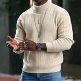 Wiaofellas  -  Vintage Turtleneck Knitting Sweater Mens Autumn Winter Ribbed Texture Knit Pullover Daily Casual Trendy Tops For Men