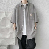 WIAOFELLAS  -  Fashion Men's Solid Color Pocket Design Short Sleeves Blouse Trendy Single-breasted Lapel Casual Shirts Male Summer