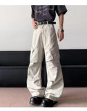 WIAOFELLAS  -  Pleated Design Men's Casual Pants Side Pocket Solid Color Wide Leg Trousers Loose Straight Male Bottom Functional