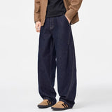 Wiaofellas  -  Men Raw Dark Wash Baggy Jeans Contrast Stitch Wide Leg Curved Cut Denim Pants Vintage Straight Loose Casual Street Trousers