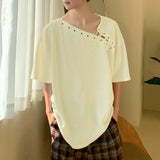 WIAOFELLAS  -  Men T Shirt Solid Short Sleeve Drawstring Lace Up Loose Male Tee Tops Streetwear Summer 2025 Korean Style Men Clothing
