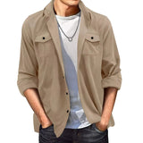 WIAOFELLAS  -  Fashion Suede Shirt For Men's Clothing Spring Autumn Casual Solid Color Pocket Long Sleeves Turn-down Collar Coats Loose Tops