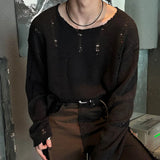 WIAOFELLAS  -  Men's Solid Color Ripped Long-Sleeved T-Shirt American Retro Fashion Trend High Street Loose Casual Breathable Niche Men's Tops