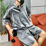 Wiaofellas  -  Mens Metallic Short-Sleeved Shirt Shorts Suit Summer Niche Personality Streetwear Solid Color Two-Piece Suit Men'S Clothing