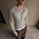 WIAOFELLAS  -  Emerald green deep v-neck perspective long-sleeved T-shirt men's ascetic slim tulle blouse lazy inner Henry collar top