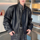 WIAOFELLAS  -  High Sense Standing Collar Shoulder Padded Motorcycle Jacket PU Leather Jacket Spring and Autumn Men Short Loose Leather Coat