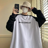 WIAOFELLAS  -  High Street Fashion Color Block Letter T-shirt Women Classic Long Sleeve O-collar Loose Handsome All-match Male Casual Top