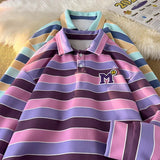 WIAOFELLAS  -  Men Sweatshirt Spring Campus Colors Striped Print Patchwork Turndown Collar Tops Harajuku Women Sweatshirts Pullover