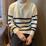 Wiaofellas  -  Autumn Simple Lapel Striped Sweater For Men Casual Vintage Korean Fashion Knitwear Top New Y2K Loose Knitted Pullover Jumper