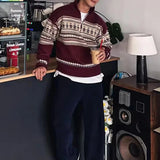 Wiaofellas  -  Fall Winter New Casual Men's Knit Jumpers Vintage Pattern Print Knitting Sweater Tops Men Fashionable Lapel Zipper Sweater
