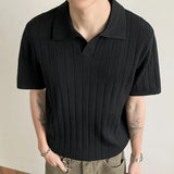 Wiaofellas  -  Summer Men V Neck Knitted Polo Shirt Retro Stripe Jacquard Solid Color Short Sleeve T-shirt Light Luxury Textured Knitwear M-3XL