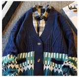 WIAOFELLAS  -  Vintage Argyle Splice Knitted Cardigan Mens Long Sleeved V-neck Sweater Autumn Winter Fashion High Quality Loose Knitwear Tops