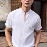 Wiaofellas  -  Summer Stand Up Collar Short Sleeved T-shirts Men Loose Casual Social Pullover Vacation Beach Hawaiian T-shirt Men Clothing
