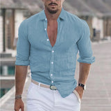Wiaofellas  -  Men's Spring And Summer Cotton Linen Shirts New Men's Solid Color  Long Sleeve Shirt Loose Lapel Casual Beach Style Shirt