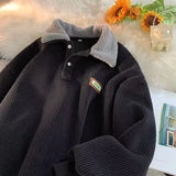 Wiaofellas  -  Lamb Velvet Collared Sweatirt Men's Autumn Winter Thiened Fce Loose Japanese Sle Retro Versatile Corduroy Top Coat