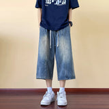 Wiaofellas  -  Vintage Men's Short Jeans Blue Hiphop Jorts Drawstring Spliced Straight Oversize Cropped Pants