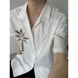 Wiaofellas  -  Men's White Short Sleeve Shirt Coconut Tree Embroidery Casual Summer Top