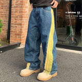 WIAOFELLAS  -  Cotton Denim Pants Male Side Stripe Patchworks Baggy Trousers Men's Vintage Blue Street Wear